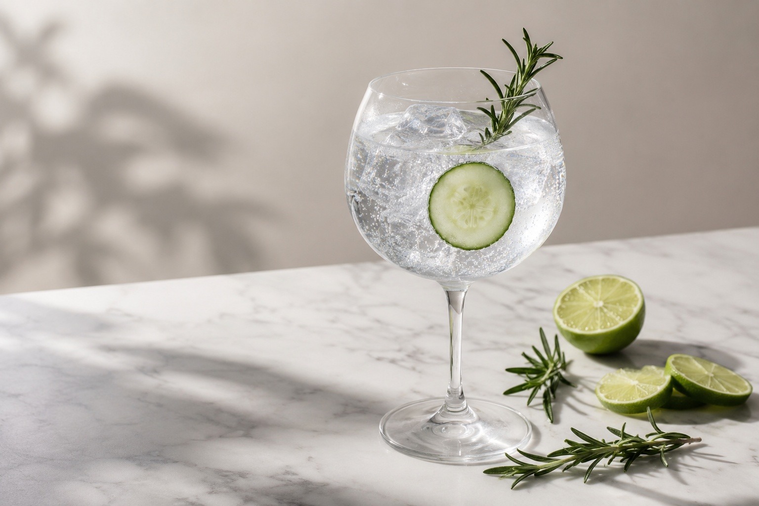 A gin and tonic in a large Copa glass on white marble, cucumber slice inside, rosemary sprig, lime on marble