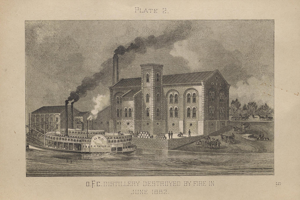 The O.F.C. Distillery destroyed by fire in 1882, historic engraving