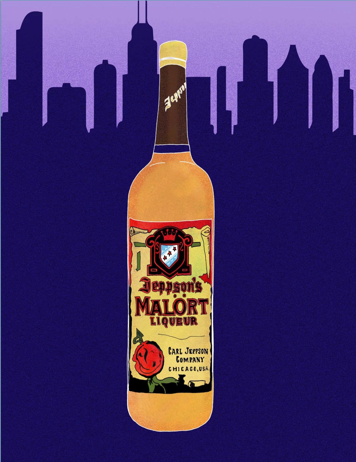 Jeppson's Malort bottle with Chicago skyline