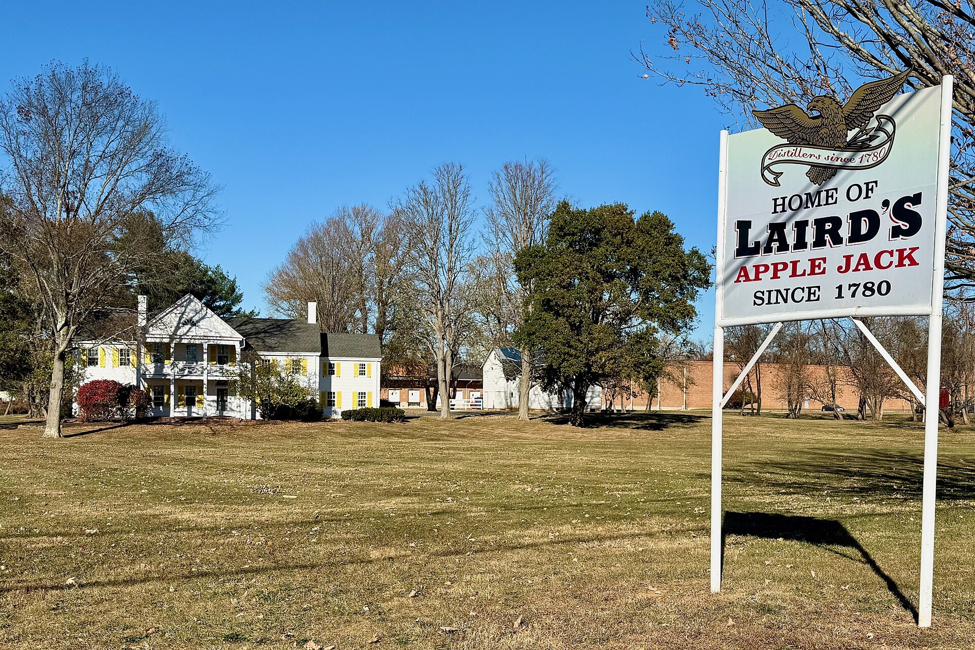Home of Laird's Apple Jack Since 1780 sign and grounds in Scobeyville, New Jersey