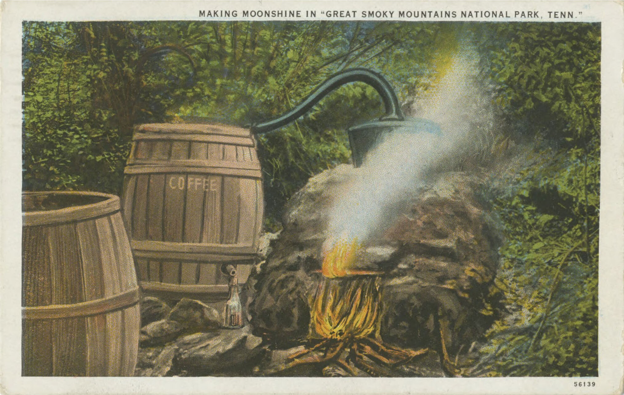 1930s postcard, Making Moonshine in Great Smoky Mountains National Park, Tennessee