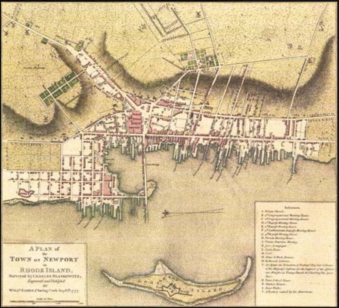 Historic plan of Newport, Rhode Island, colonial rum distilling wharves