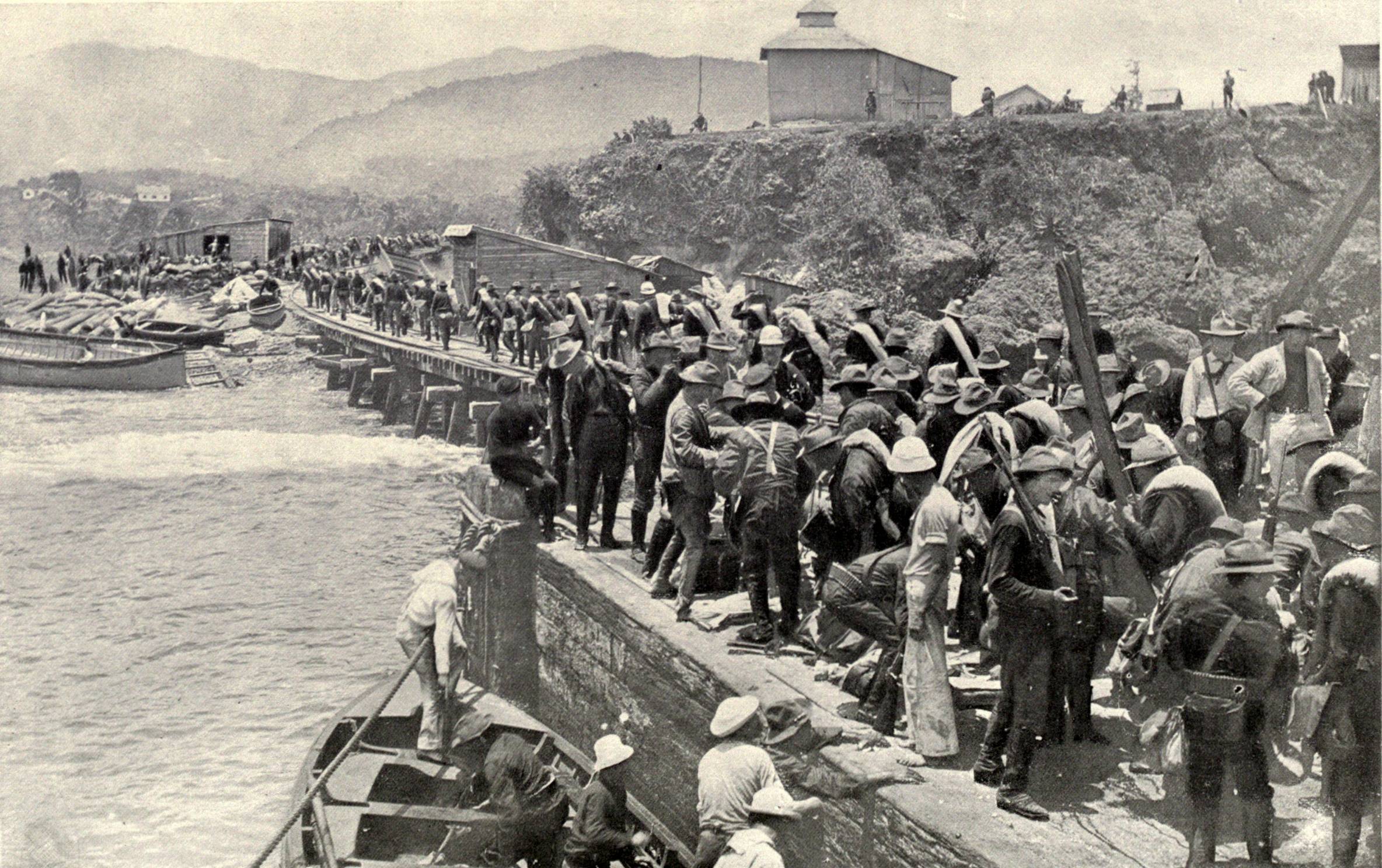 American troops landing at the pier in Daiquiri, Cuba, in 1898