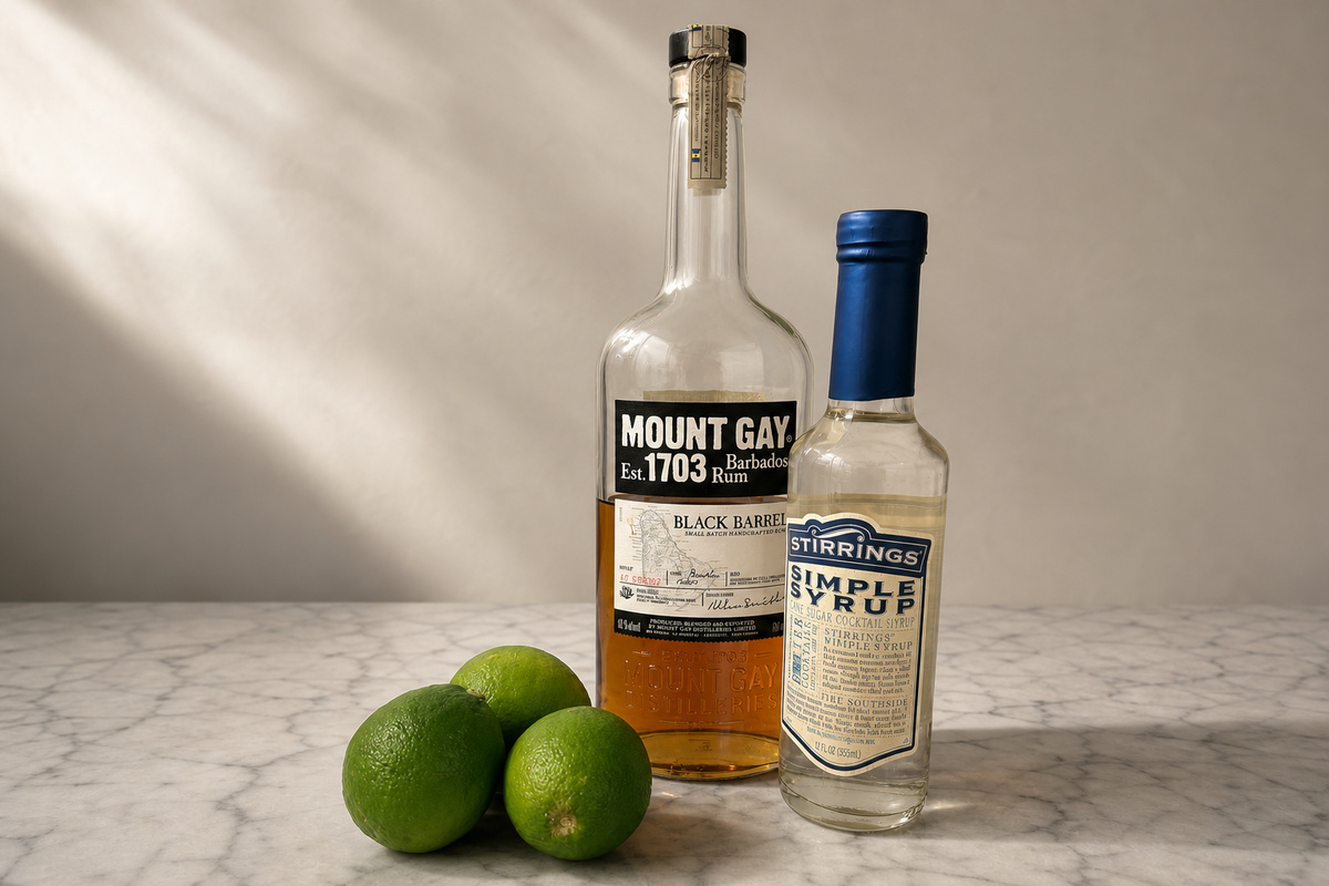 Mount Gay Black Barrel bottle with fresh limes and a jar of simple syrup on marble
