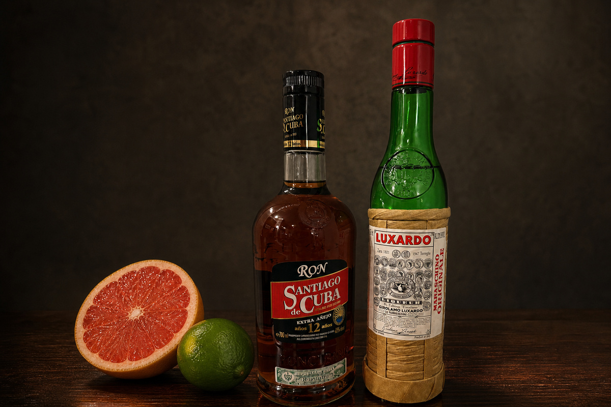 Santiago de Cuba 12 Extra Anejo rum bottle with grapefruit and lime on dark wood
