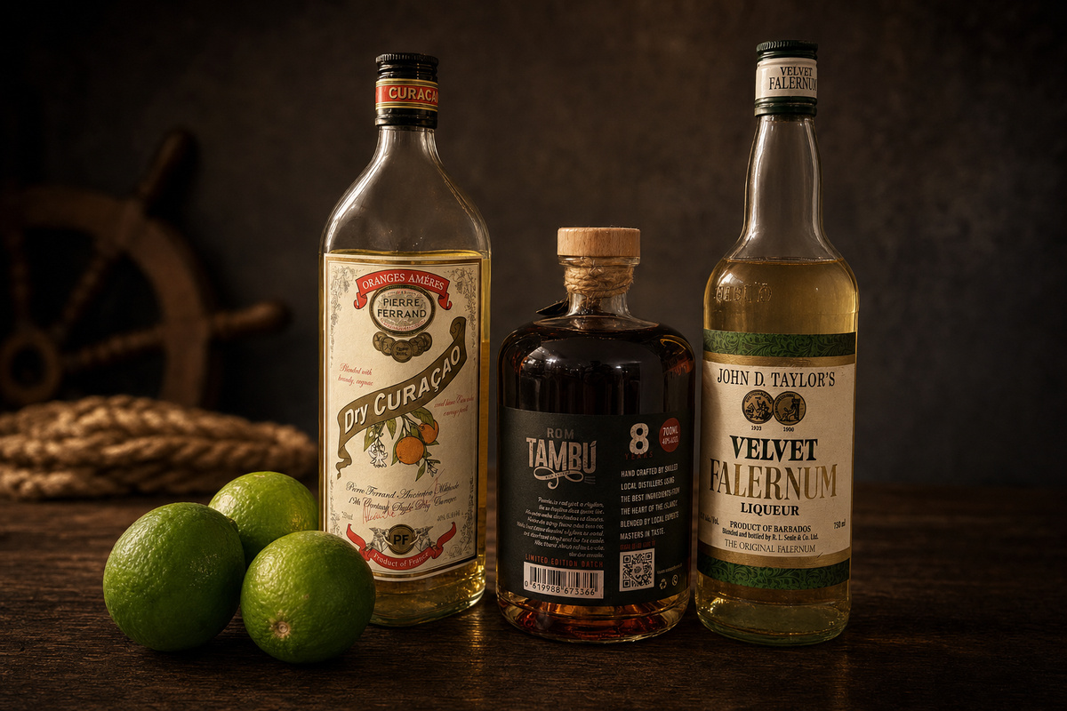 Ron Tambu 8 Year rum bottle with falernum and a lime on dark wood