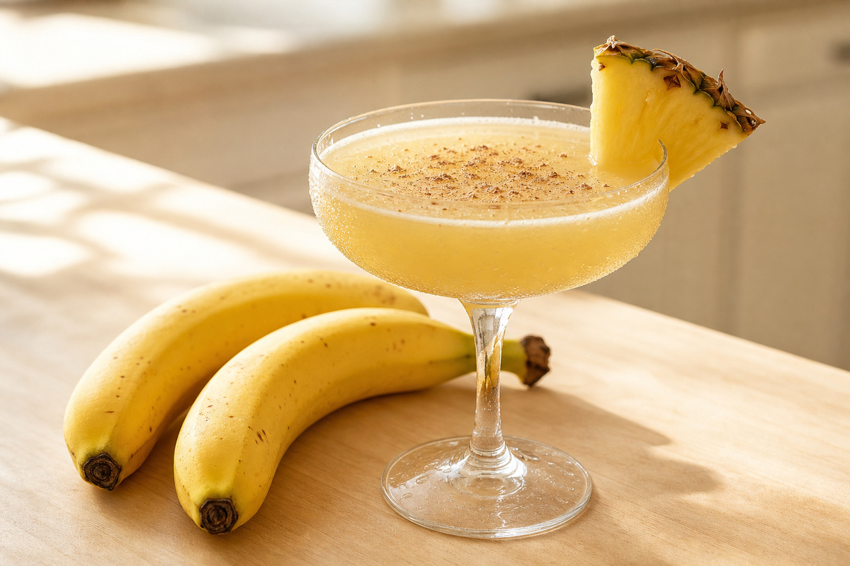 A pale gold daiquiri in a chilled coupe glass with nutmeg and a pineapple wedge garnish