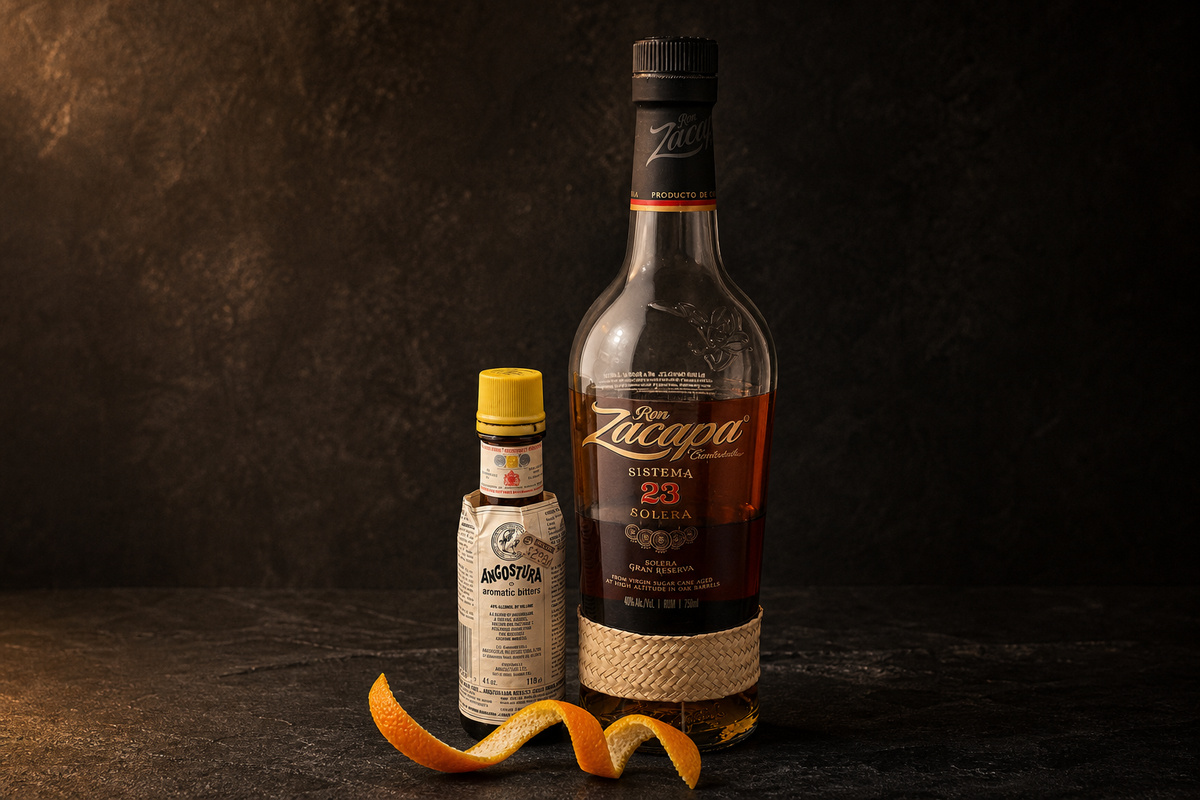 Ron Zacapa 23 rum bottle with an orange twist and Angostura bitters on dark slate