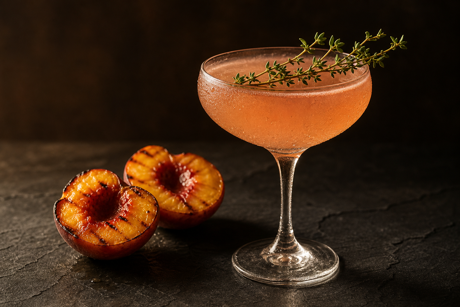 A peach daiquiri in a chilled coupe glass garnished with thyme, roasted peach halves beside it