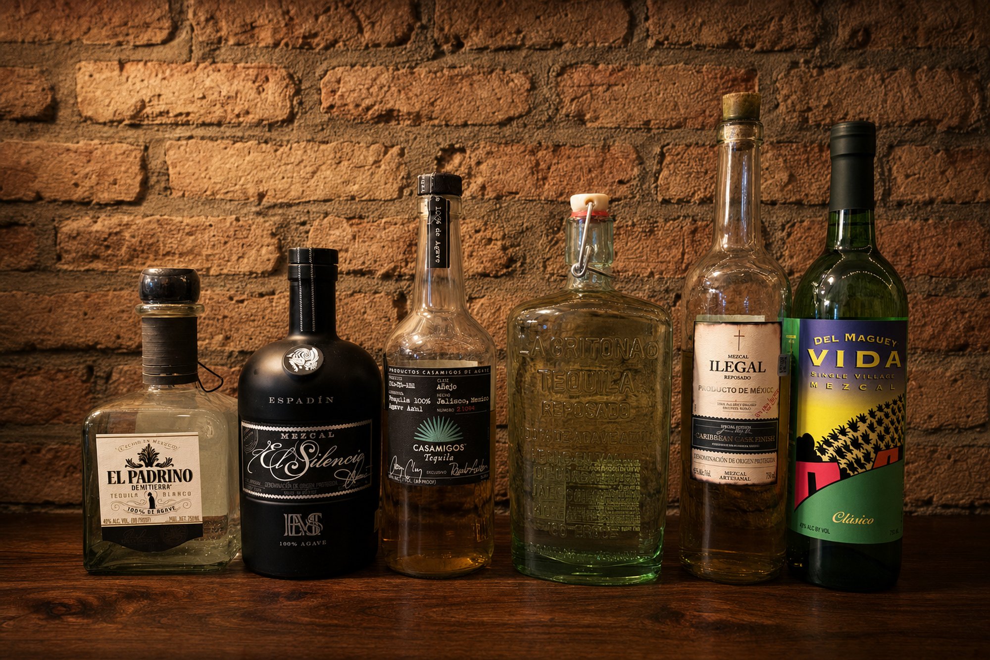 The full lineup of tequilas, mezcals, and agave spirits used in this post, on a bar