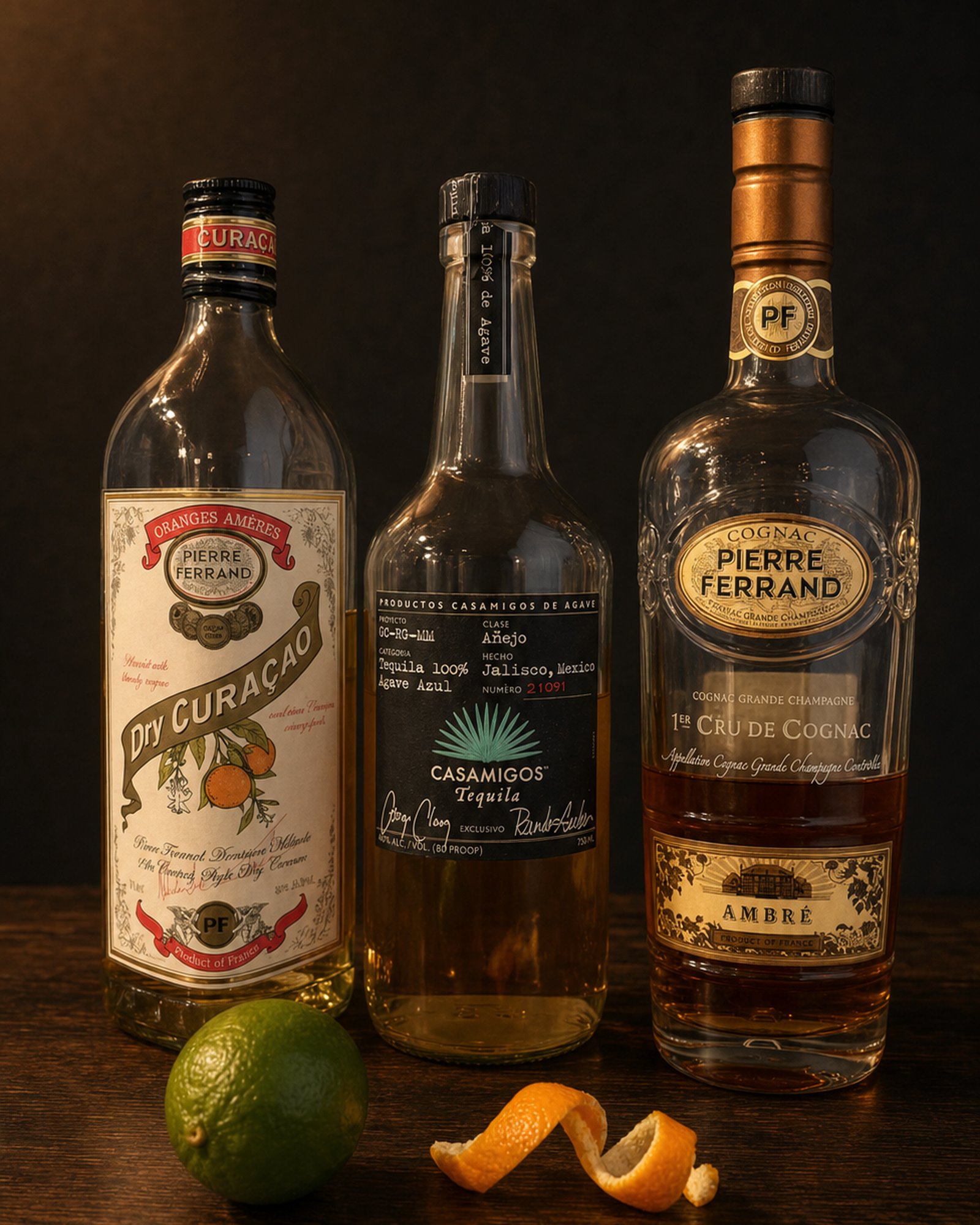 Casamigos Añejo tequila beside a Pierre Ferrand Ambré cognac and a dry curaçao bottle with an orange twist and lime on dark wood