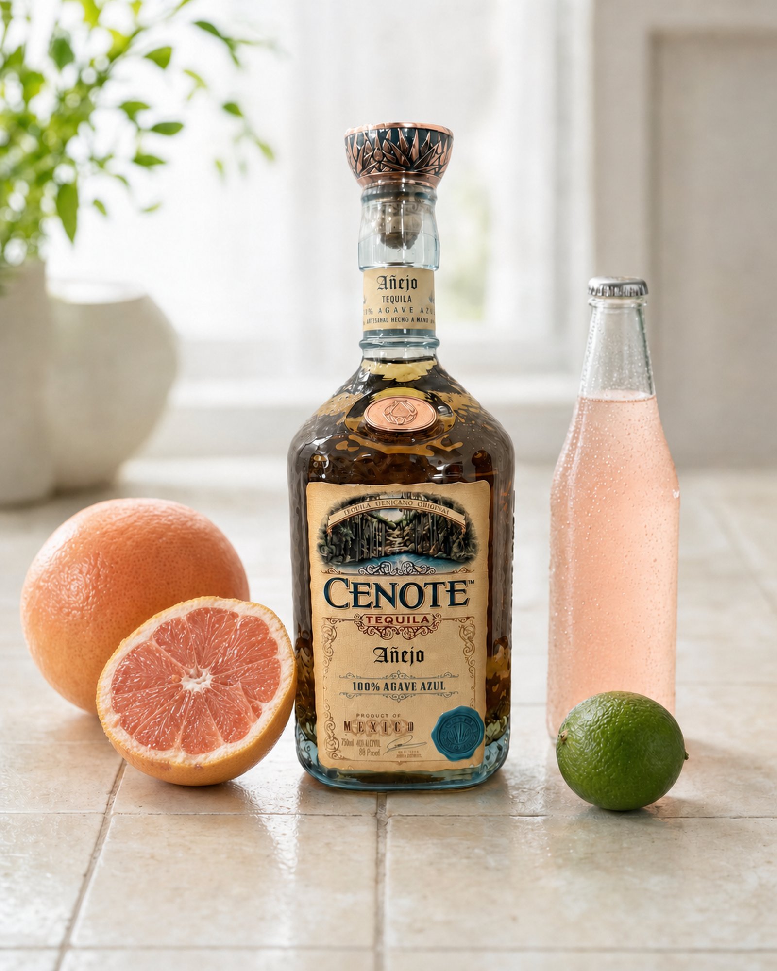 Cenote Añejo tequila bottle with a pink grapefruit, a lime, and a bottle of grapefruit soda on bright tile