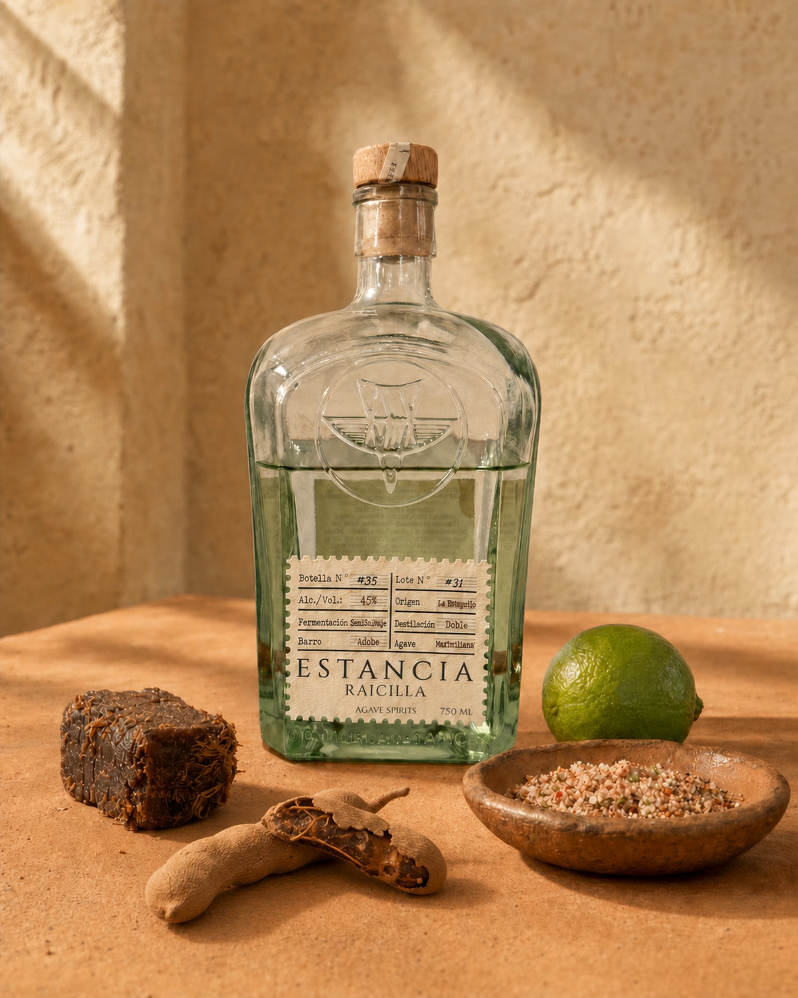 Estancia Raicilla bottle with a block of tamarind pulp, a lime, and a dish of chili-lime salt on terracotta