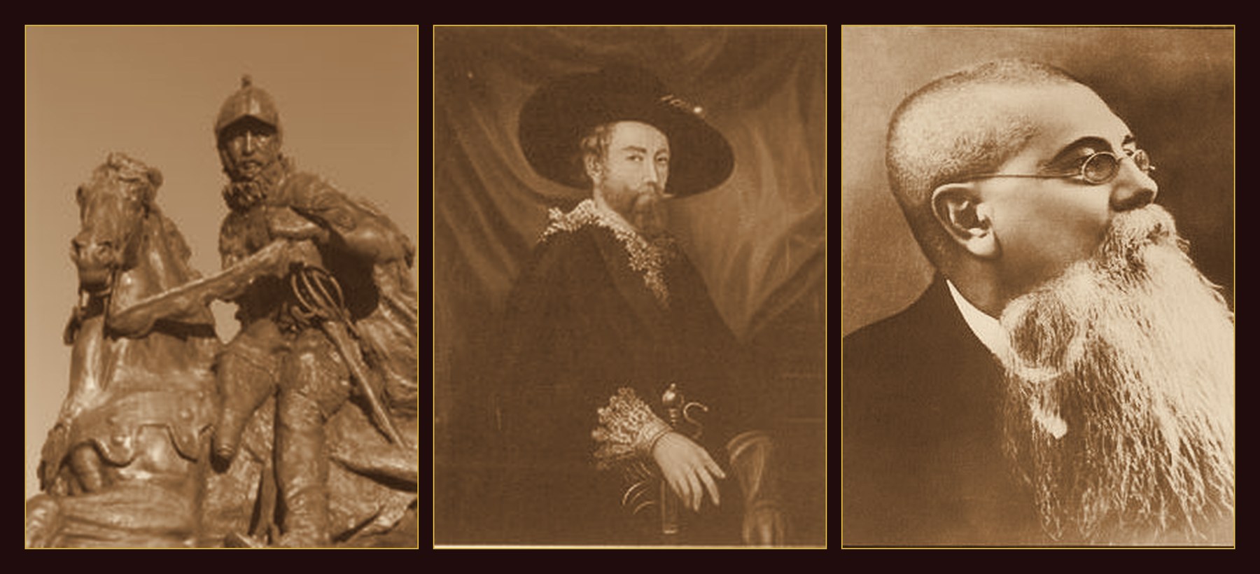 Sepia triptych of Cristóbal de Oñate, the Marquis of Altamira, and Don Cenobio Sauza