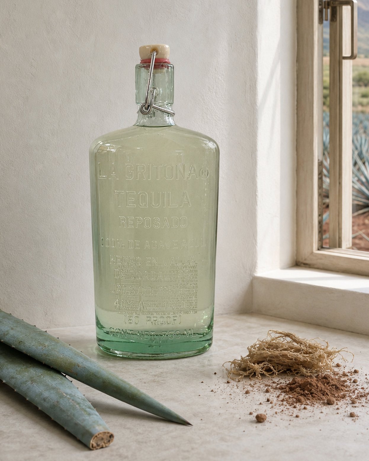 La Gritona Reposado tequila in its embossed recycled green glass bottle on a pale surface in natural light