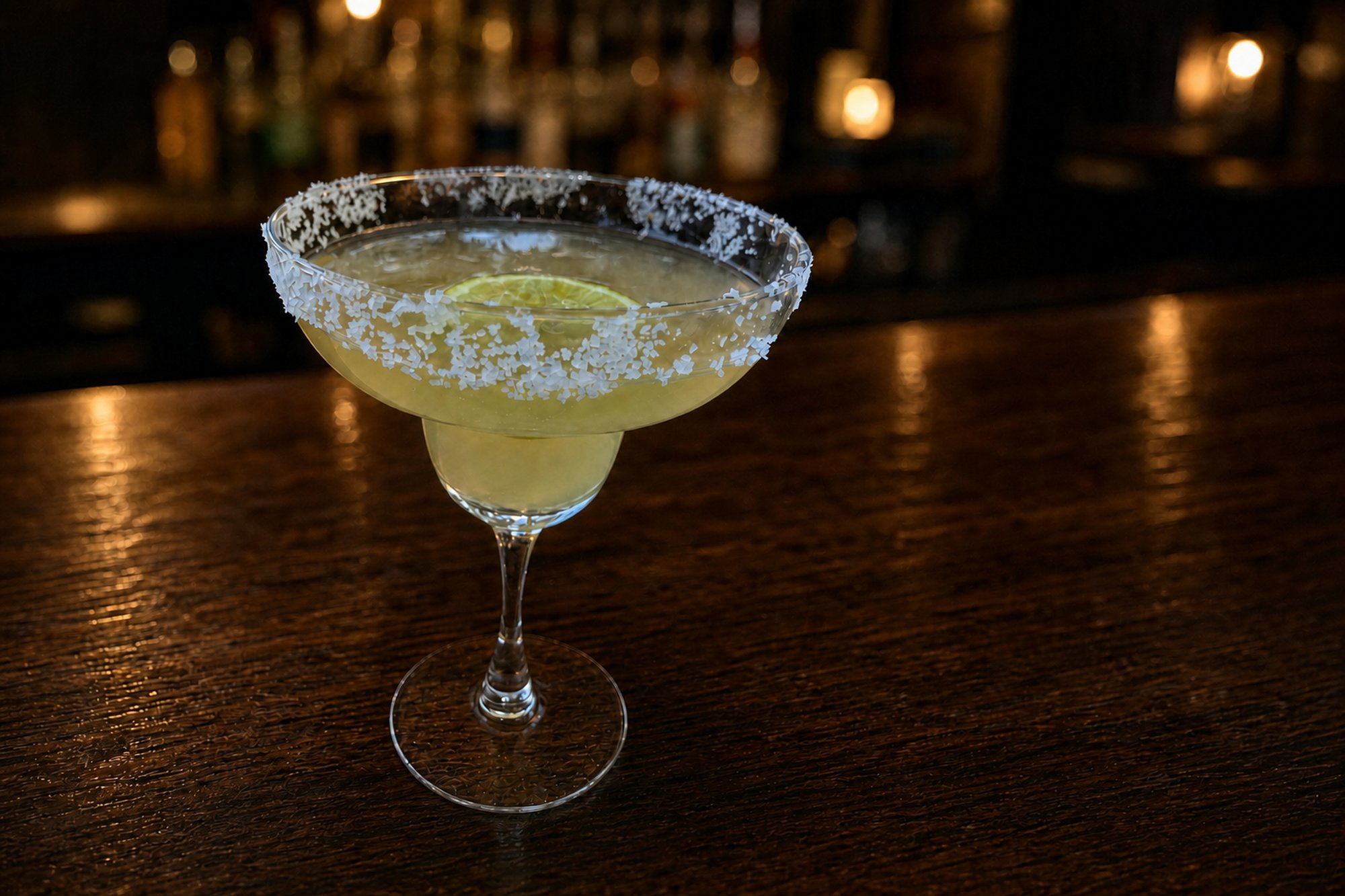 A classic Margarita served up in a chilled coupe with a salted rim and lime wheel on a dark wood bar
