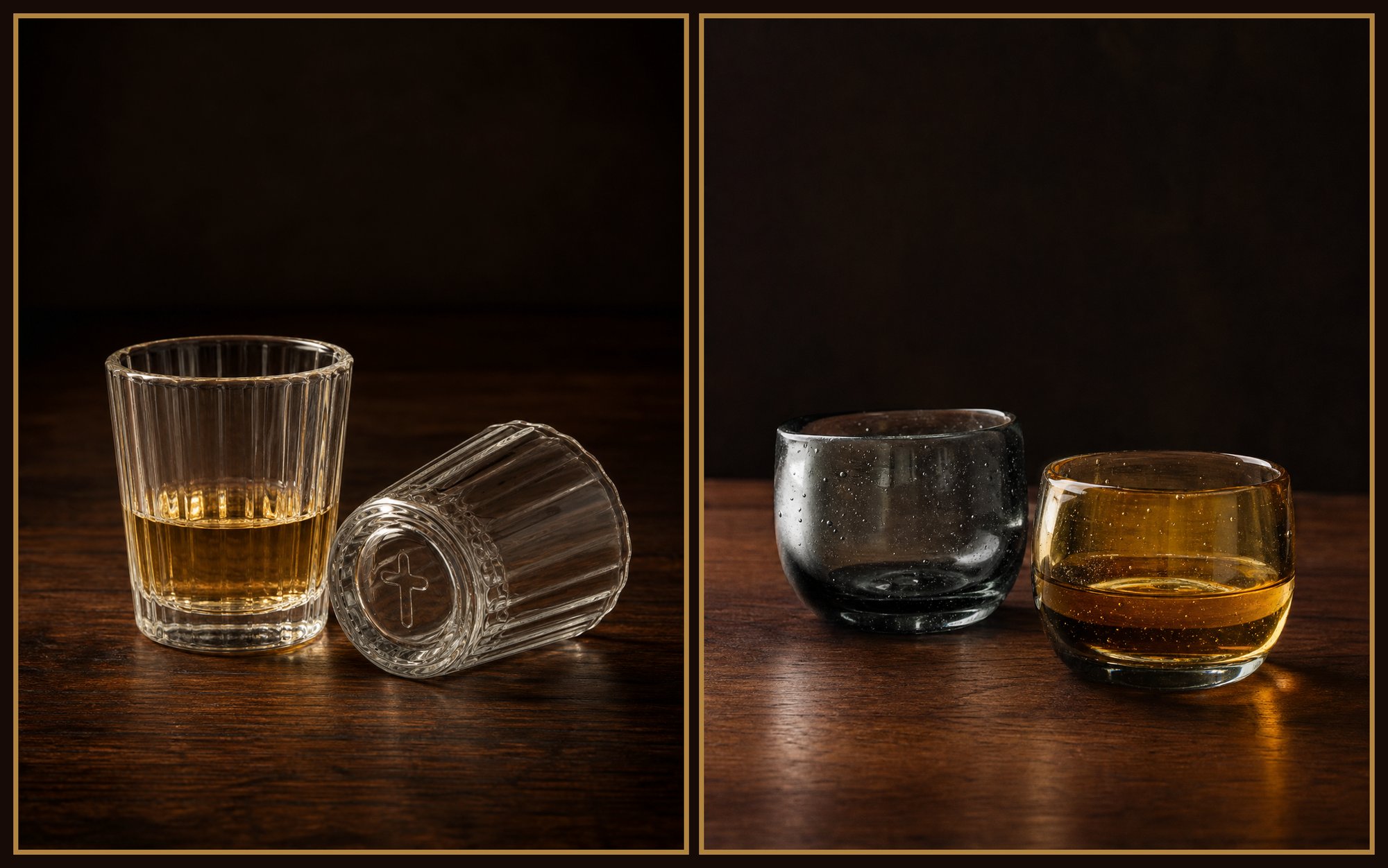 A ridged veladora glass and a hand-blown copita cup, both holding golden tequila, on dark wood
