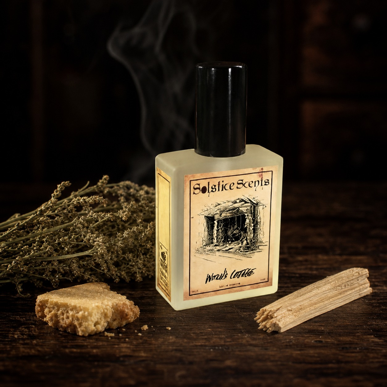 Solstice Scents Witch's Cottage perfume bottle beside shortbread, dried sweet Annie herb, and kindling wood