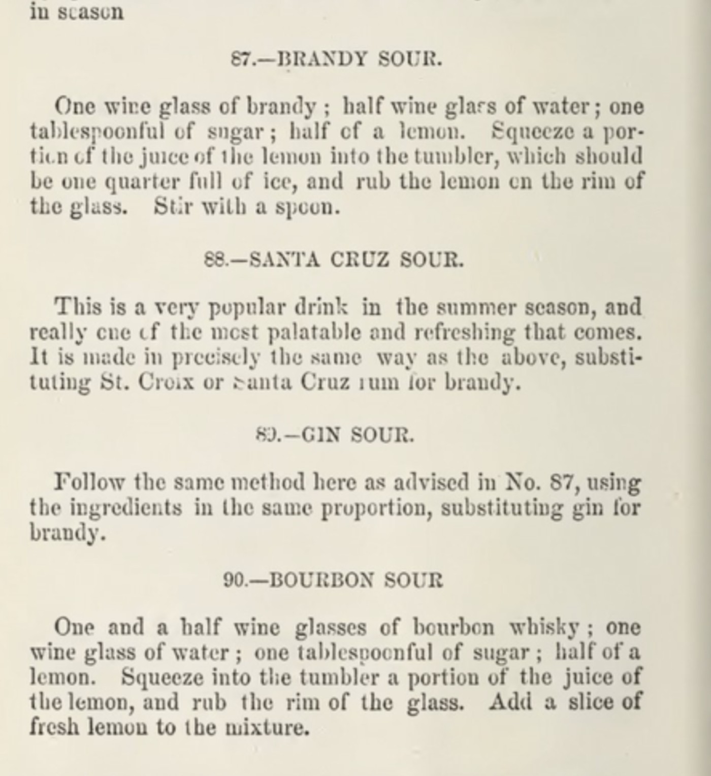 Page 28 of Haney's Steward and Barkeeper's Manual, 1869, showing recipe number 90, Bourbon Sour, made with bourbon whisky, water, sugar, and lemon