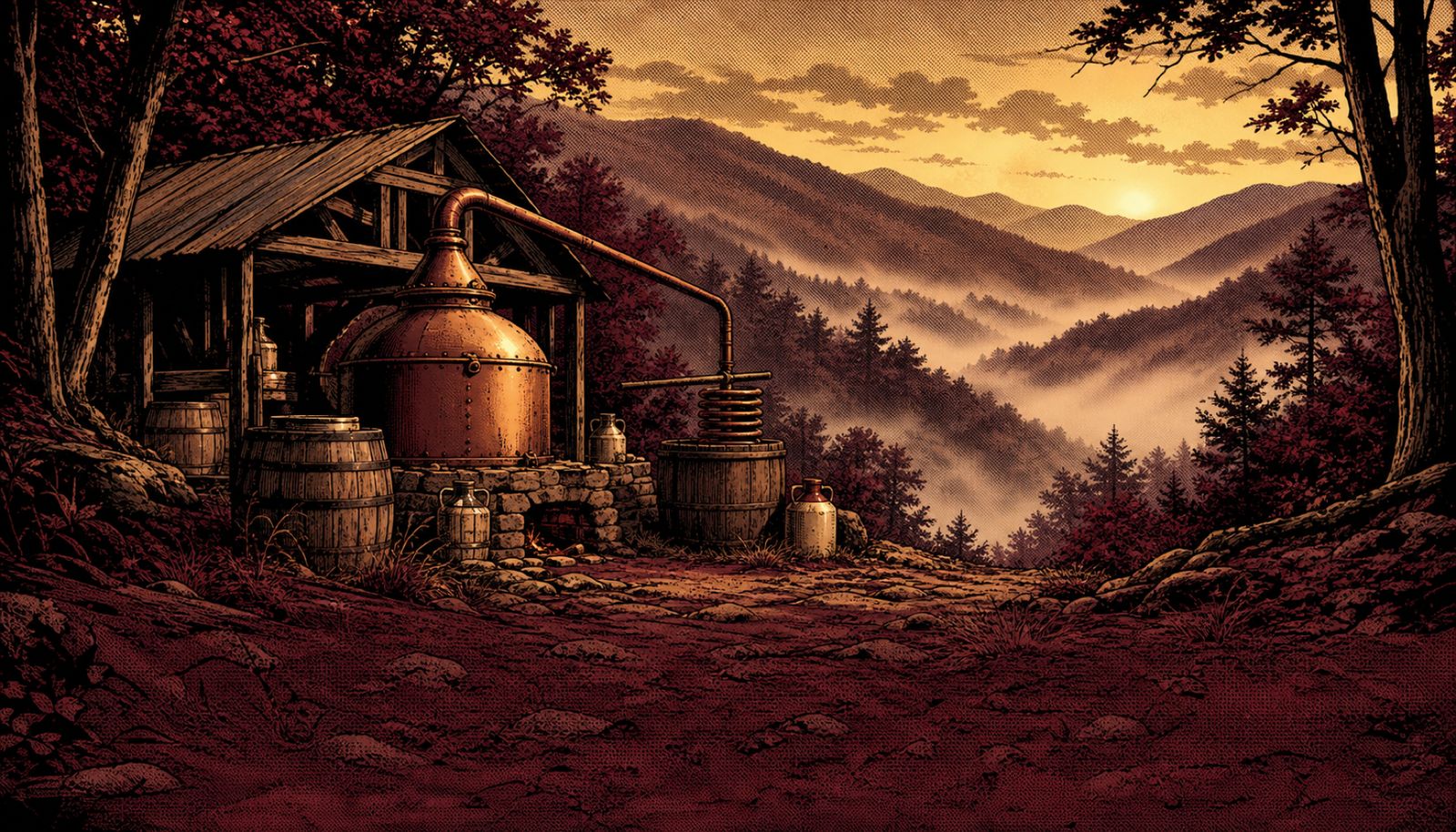An illustration representing the complete America's 250th series, on spirits, perfume, Tiki, and cigars