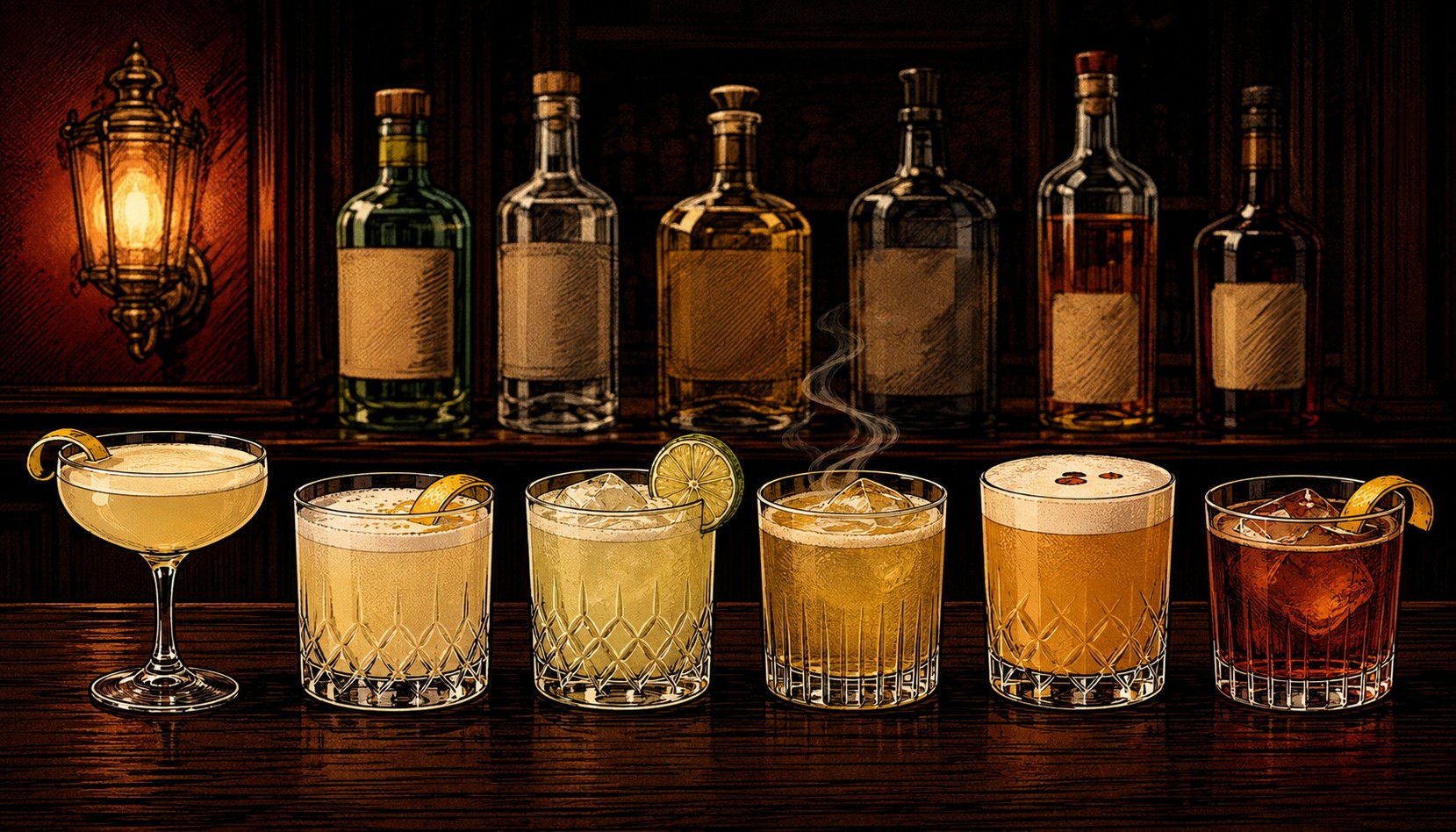 Comic-style illustration of six cocktails lined up on a dark bar: a gin sour in a coupe with a lemon twist, a vodka sour, a tequila sour with ice and a lime wheel, a smoking mezcal sour, a foam-capped amaretto sour, and a dark reddish-brown amaro sour with a lemon twist, six unlabeled bottles behind them lit by a wall sconce