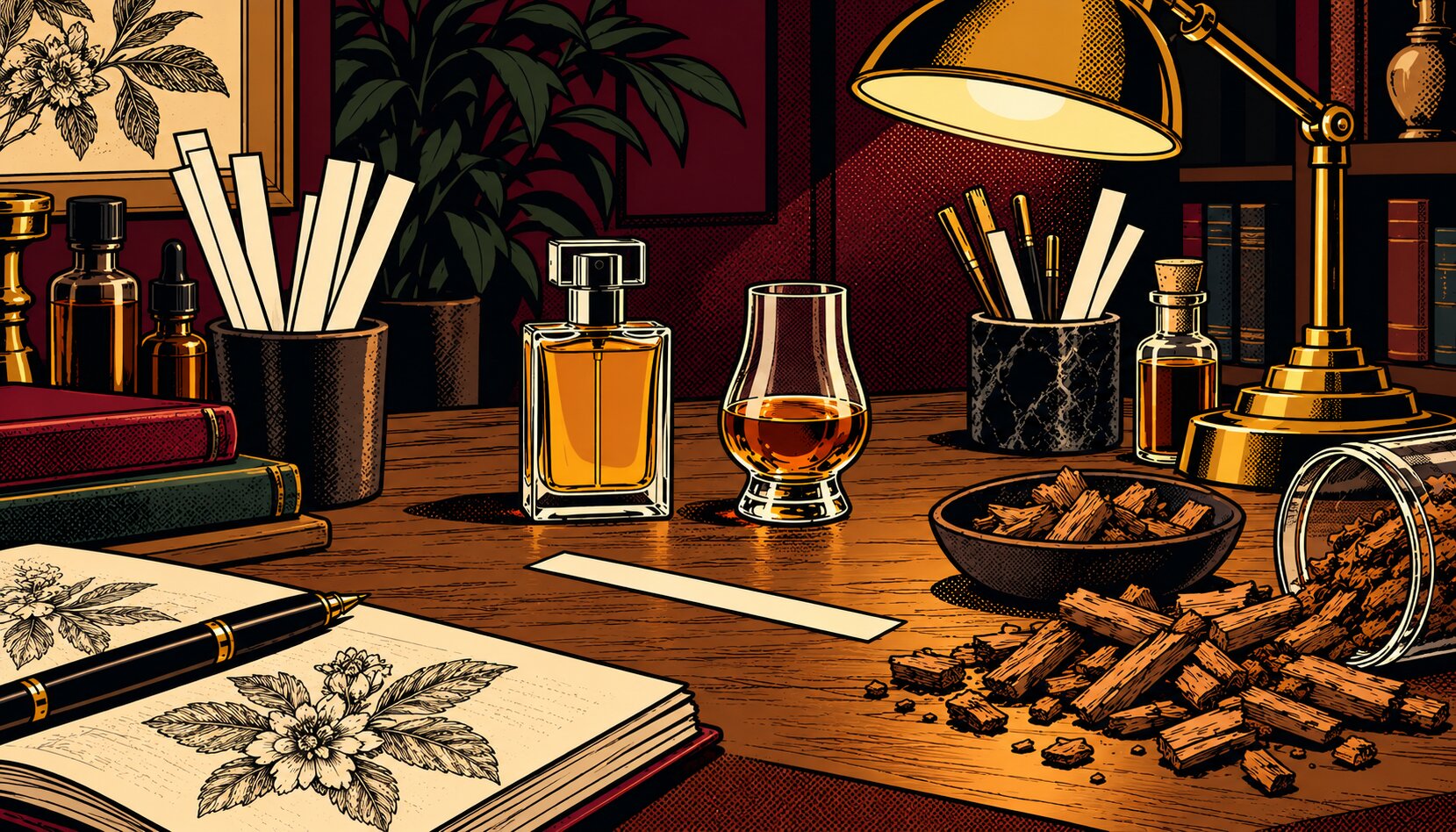 Comic-style illustration of a perfume bottle and a glass of bourbon on a perfumer's workbench, with a scent strip and raw oak chips nearby