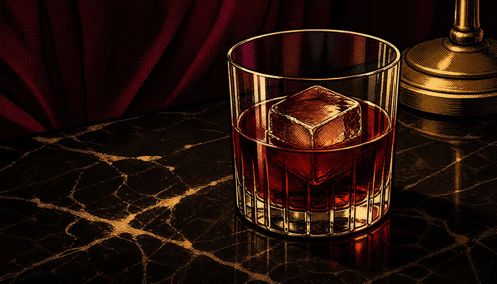 An illustration themed around digestifs and after-dinner drinks
