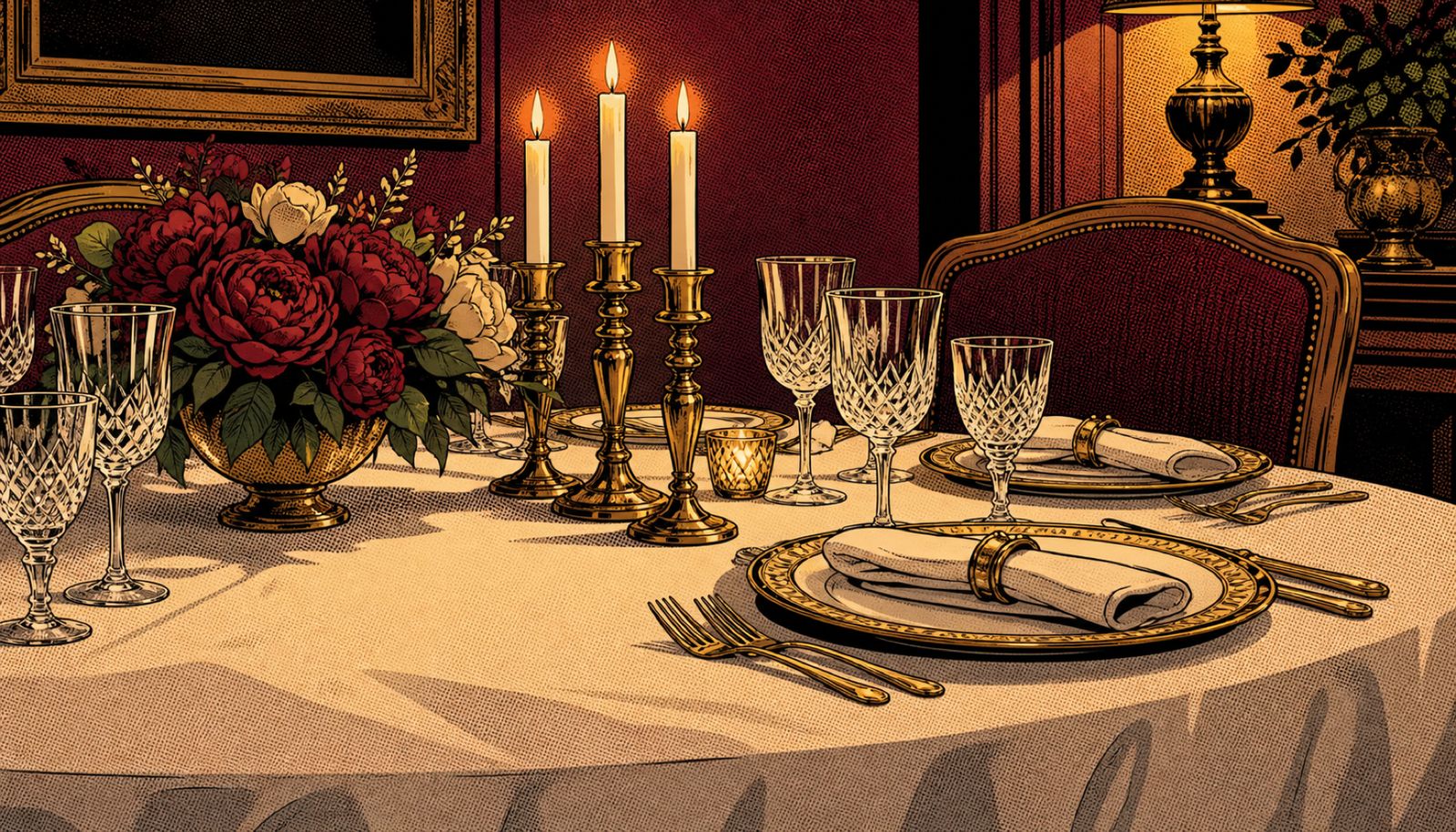 An illustration themed around dining and spirits etiquette