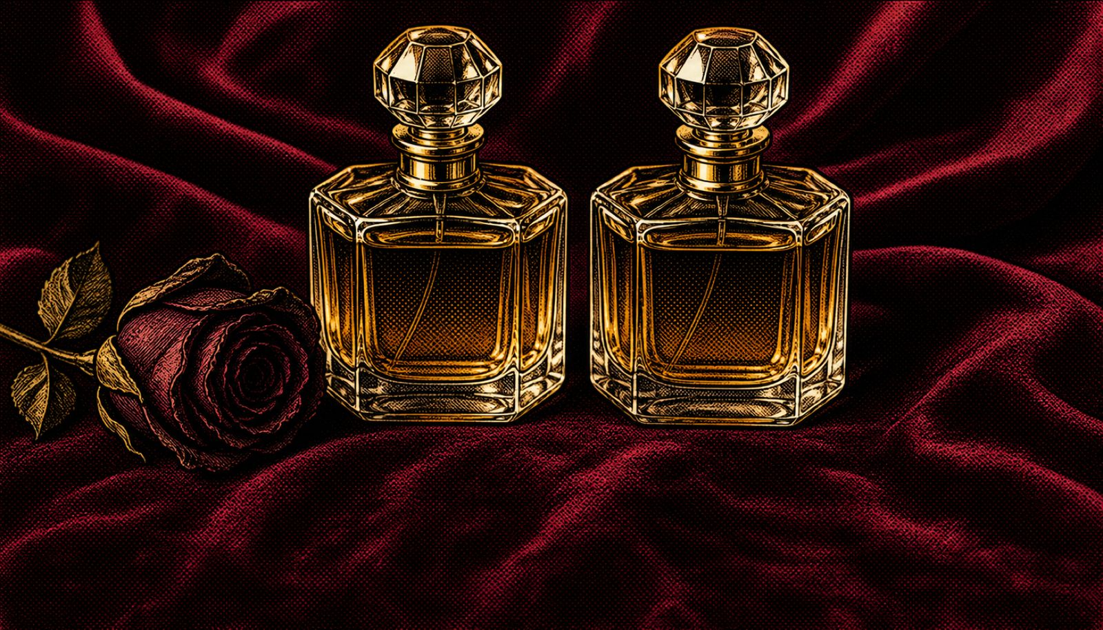 An illustration themed around perfume clones and the fragrance industry