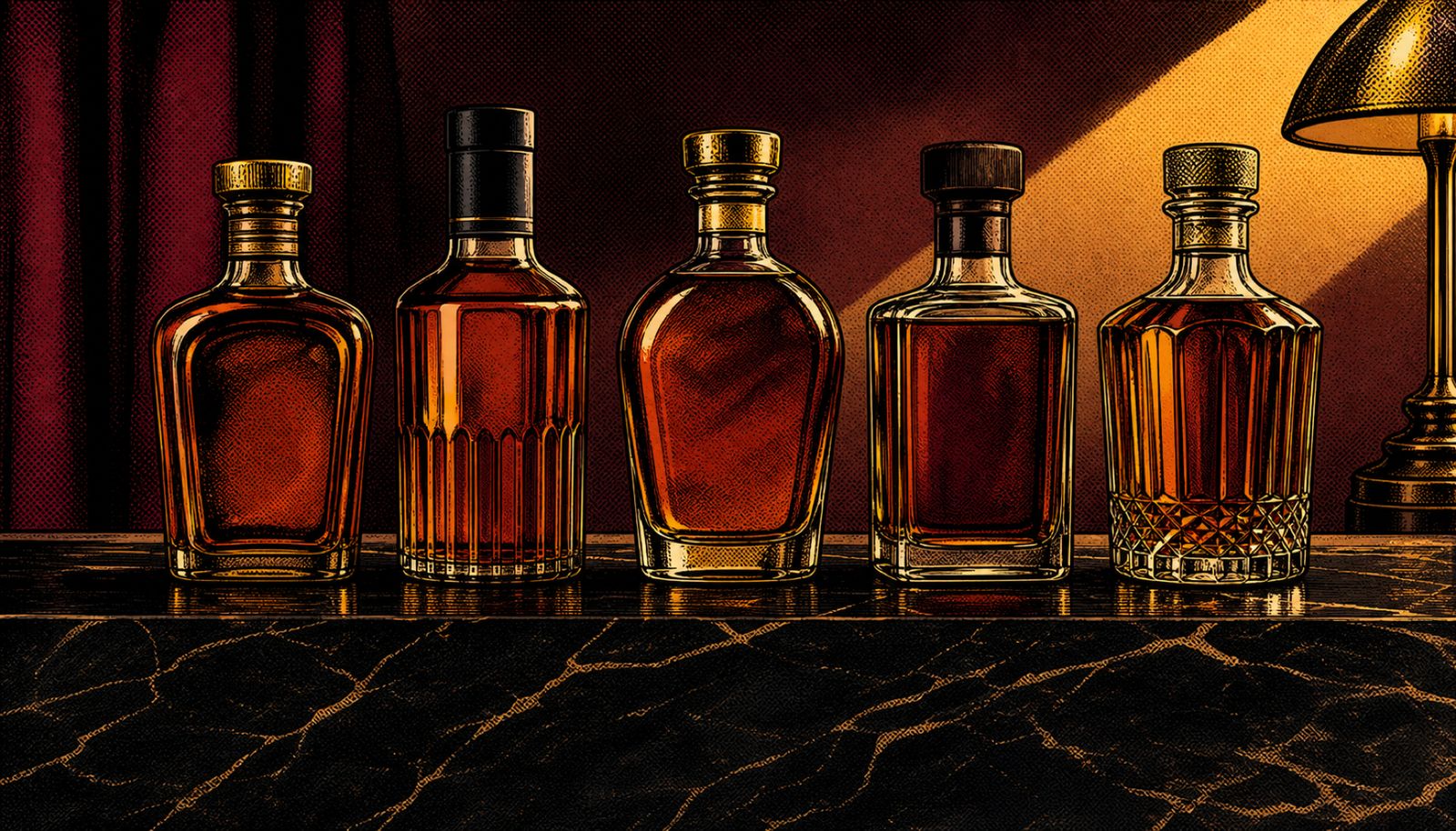 An illustration themed around building a whiskey collection
