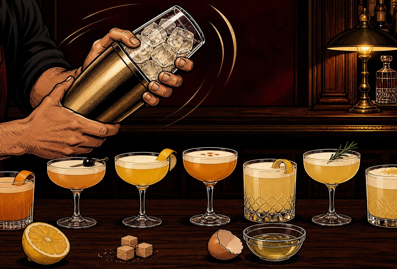 Comic-style illustration of a bartender mid-shake, with a row of finished sours running off both edges of the frame on a dark wood bar