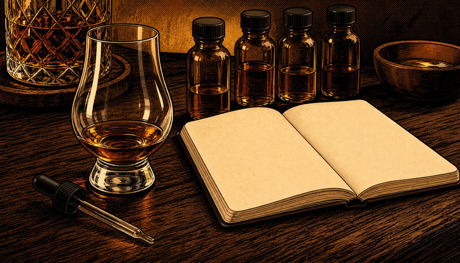 An illustration themed around the art of whiskey tasting