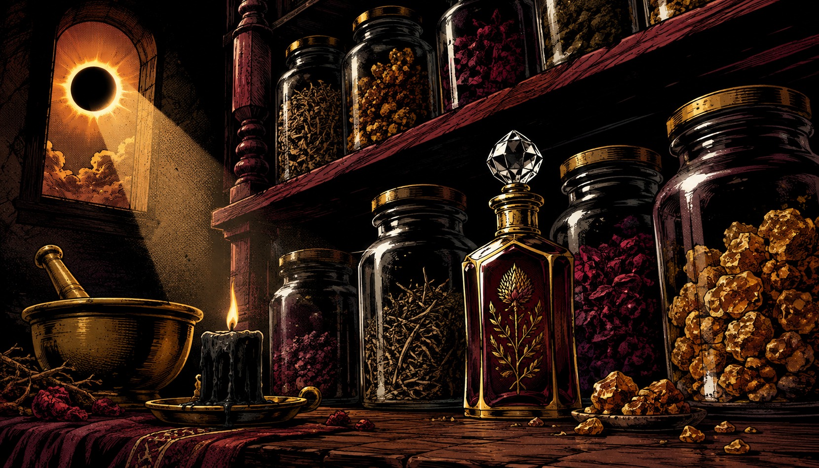 A witch's apothecary shelf lit for the solar eclipse, resins and dried herbs in dark glass jars