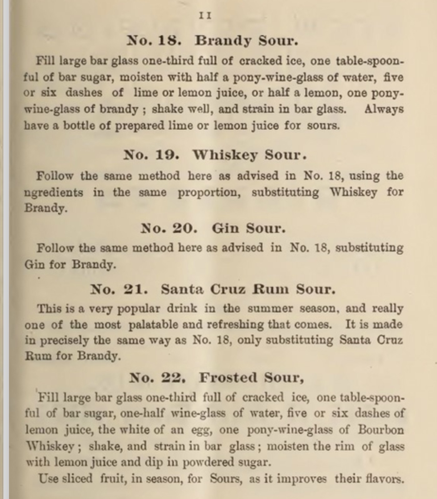 Page 11 of Patsy McDonough's 1883 Bar-Keeper's Guide, showing recipe number 22, Frosted Sour, listing cracked ice, bar sugar, water, lemon juice, the white of an egg, and bourbon whiskey