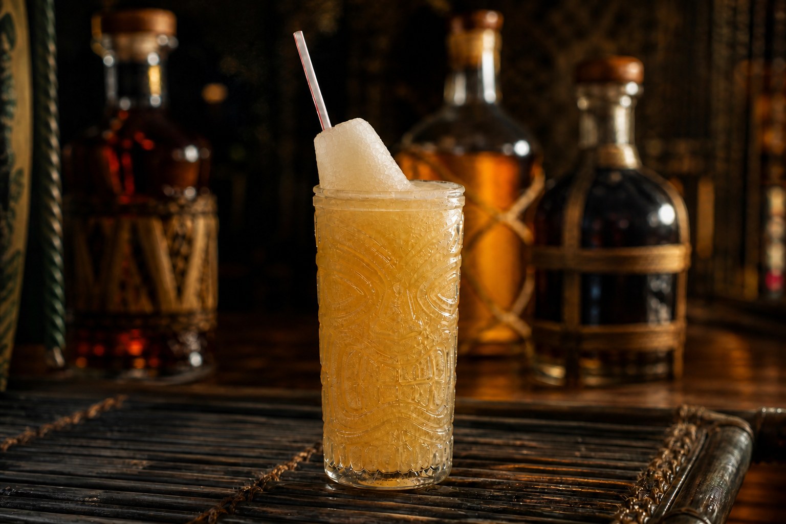 A Navy Grog in a tall carved tiki glass over a crushed ice cone with a straw, rum bottles visible in the background