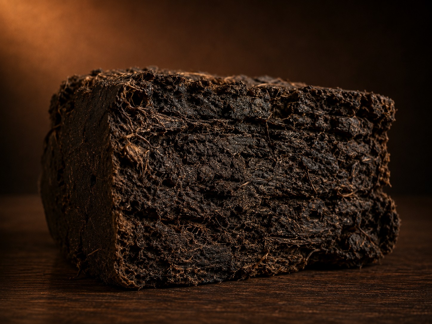 AI-generated close-up illustration of a cut brick of dark fibrous peat, representative rather than a real photograph