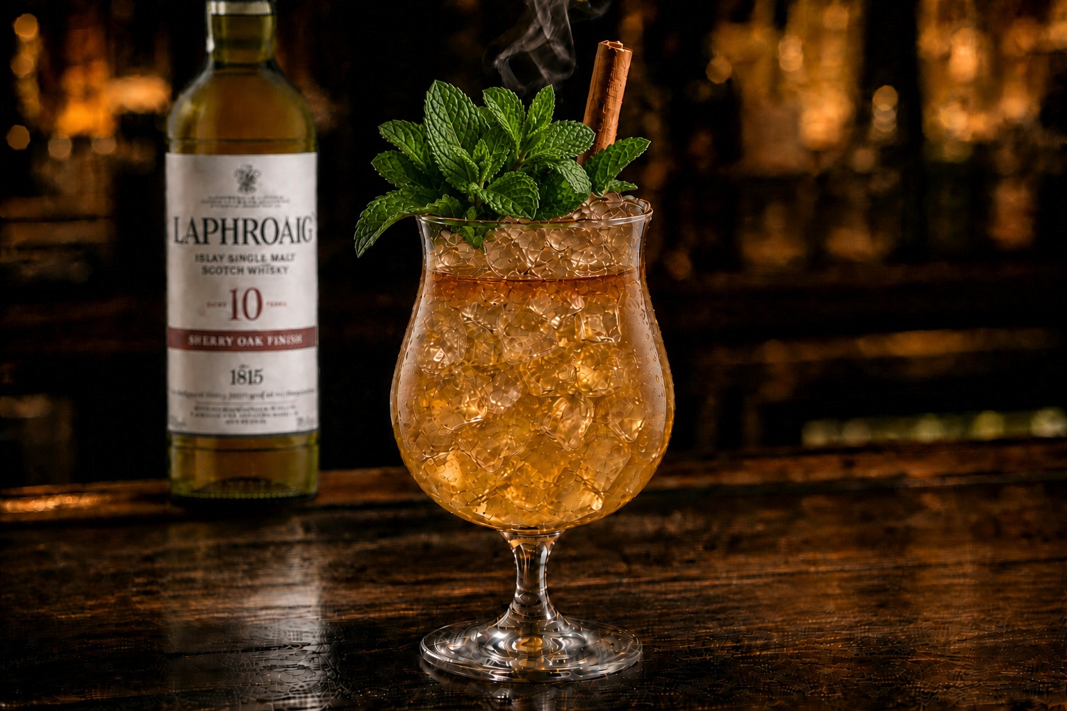 The Peat Bog Cutter in a stemmed glass over crushed ice, mint bouquet and cinnamon stick garnish, a bottle of Laphroaig 10 Sherry Oak Finish visible nearby