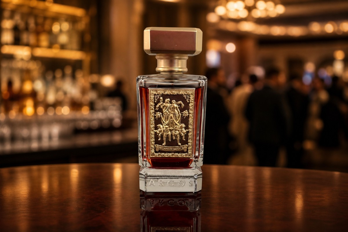 Argos Triumph of Bacchus bottle on a bar table, a lively bar blurred behind it with amber lighting and a crowd