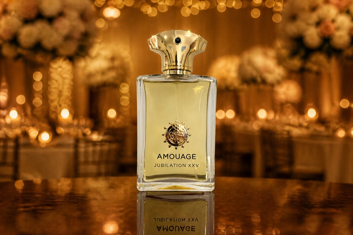 Amouage Jubilation XXV bottle on a table, a warm gold wedding reception blurred behind it with string lights and florals