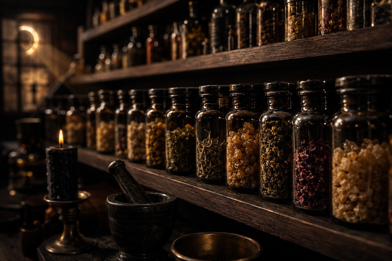 A dark apothecary shelf lit by moonlight, rows of glass jars holding dried herbs and resin, a black candle burning